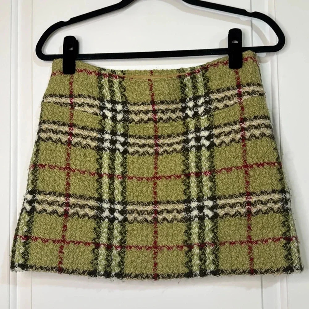 Burberry Tweed Mini Skirt Nova Check Green & Tan Size 6 - Picture 1 of 10